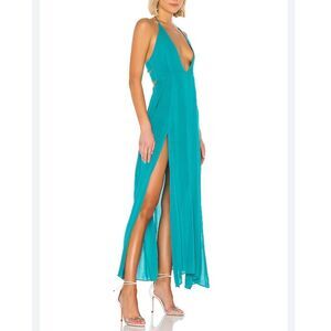 superdown Sleeveless Halter Deep V-Neck Maxi Dress Blue XXS